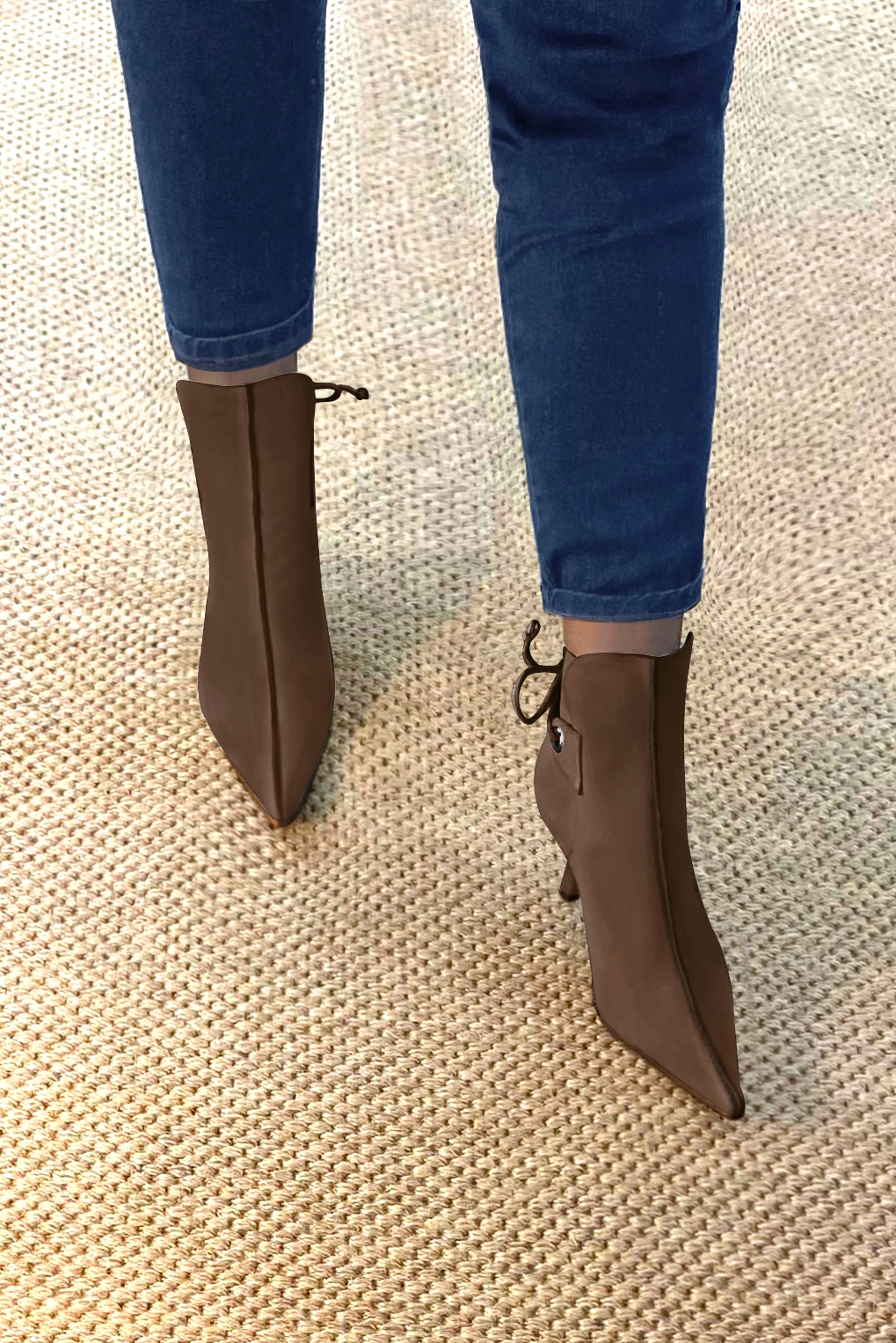 Chocolate brown women's ankle boots with laces at the back. Pointed toe. High slim heel. Worn view - Florence KOOIJMAN